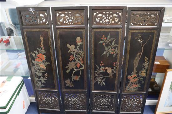 A Chinese hongmu and lacquer panelled four fold screen, 19th century, H. 104cm x W. 105cm